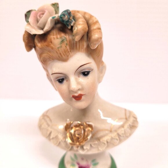 Womens Bust Occupied Japan Porcelain Vintage 1940s Gold Rose Lace No Chips Crack - Picture 4 of 9
